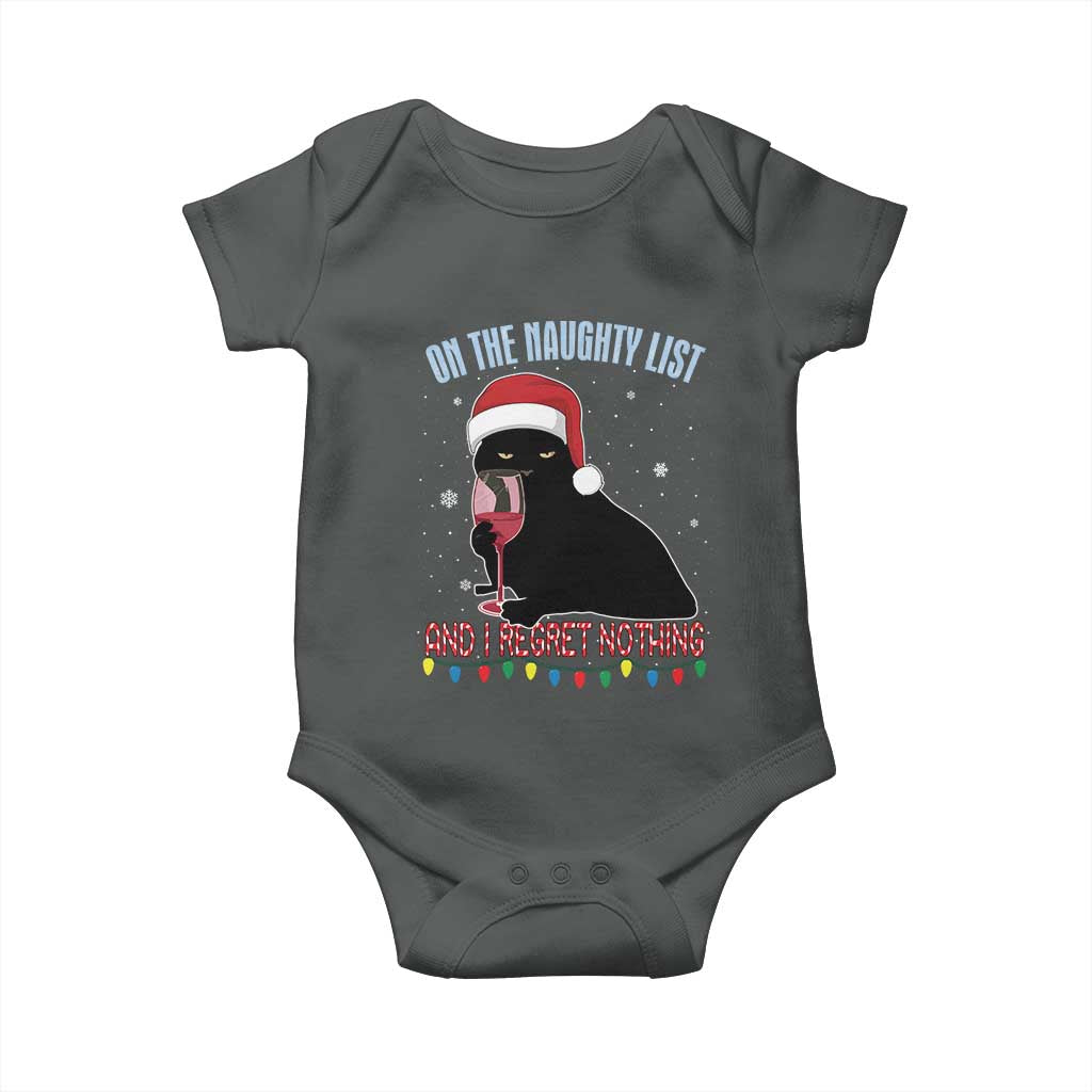 Funny Christmas Black Cat Baby Onesie On The Naughty List And I Regret Nothing Candy Cane TS11 Dark Heather Print Your Wear