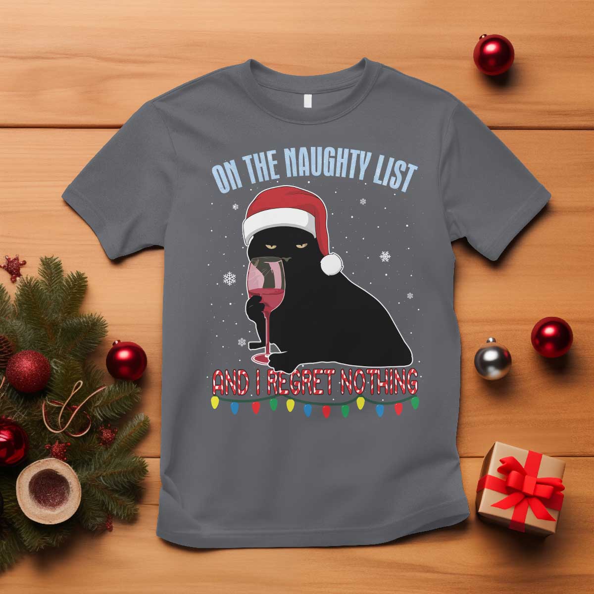 Funny Christmas Black Cat T Shirt On The Naughty List And I Regret Nothing Candy Cane TS11 Charcoal Print Your Wear