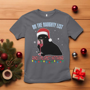 Funny Christmas Black Cat T Shirt On The Naughty List And I Regret Nothing Candy Cane TS11 Charcoal Print Your Wear