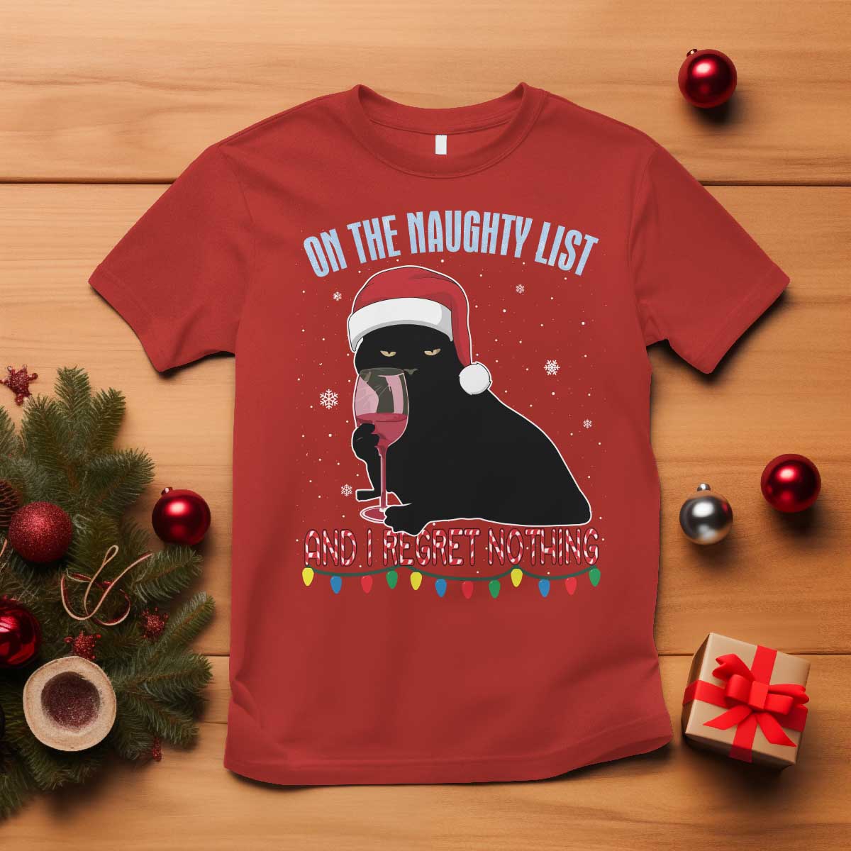 Funny Christmas Black Cat T Shirt On The Naughty List And I Regret Nothing Candy Cane TS11 Red Print Your Wear