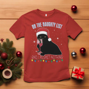 Funny Christmas Black Cat T Shirt On The Naughty List And I Regret Nothing Candy Cane TS11 Red Print Your Wear
