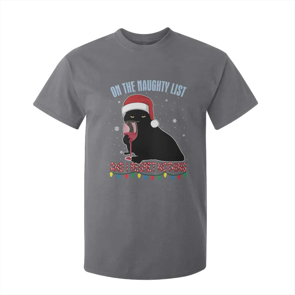 Funny Christmas Black Cat T Shirt For Kid On The Naughty List And I Regret Nothing Candy Cane TS11 Charcoal Print Your Wear