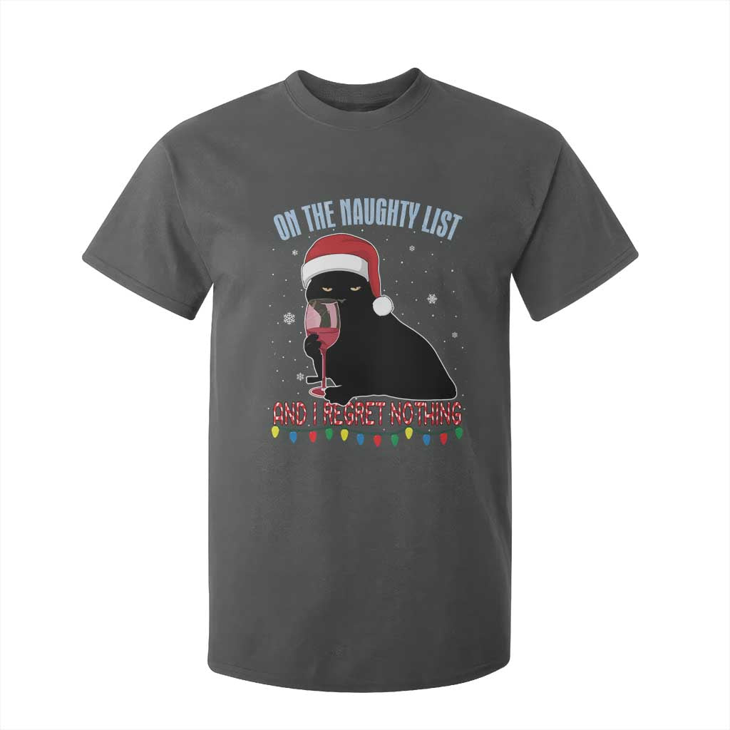 Funny Christmas Black Cat T Shirt For Kid On The Naughty List And I Regret Nothing Candy Cane TS11 Dark Heather Print Your Wear
