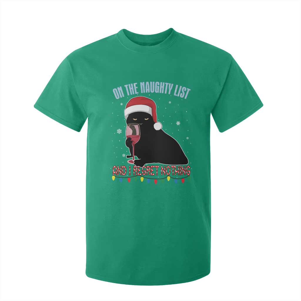 Funny Christmas Black Cat T Shirt For Kid On The Naughty List And I Regret Nothing Candy Cane TS11 Irish Green Print Your Wear