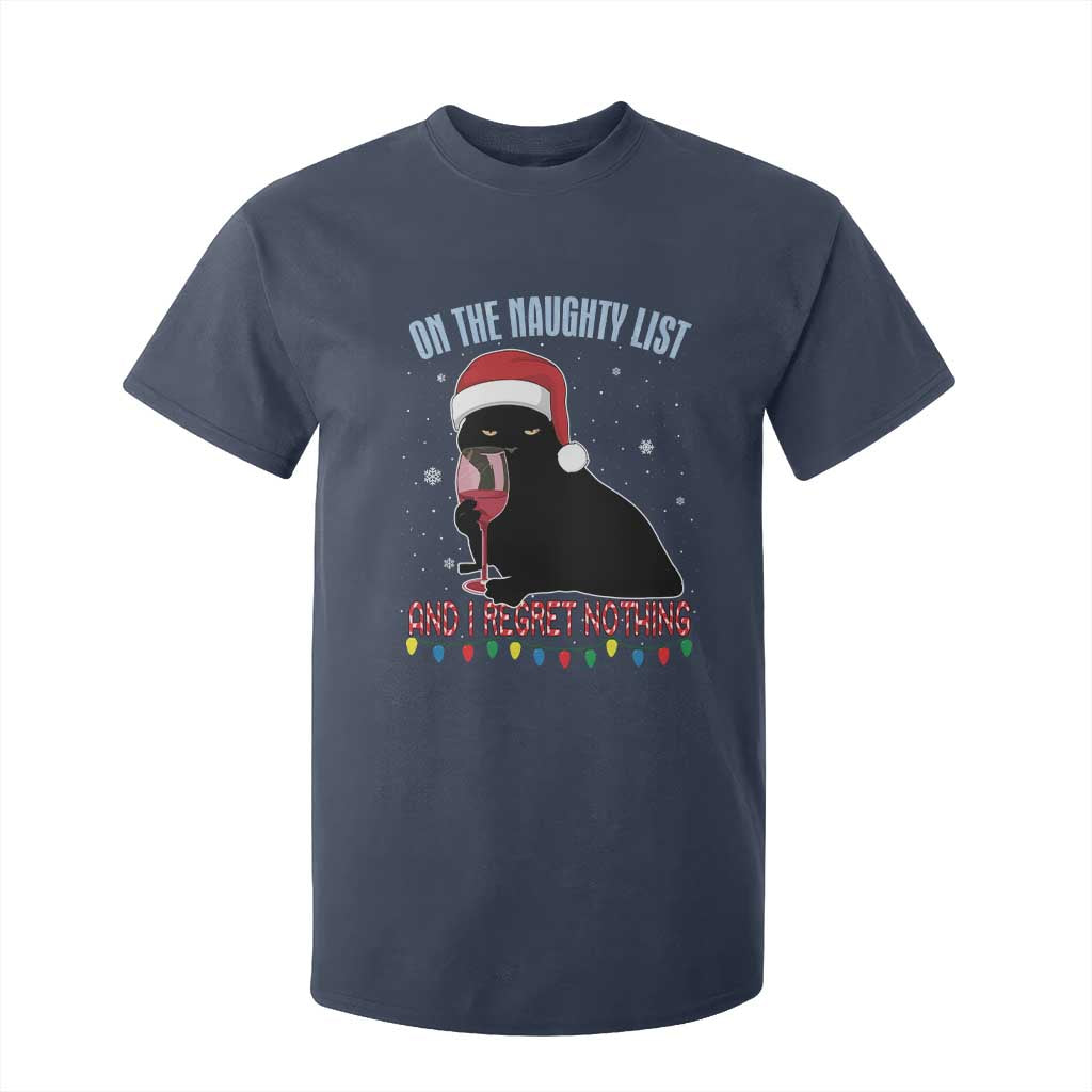 Funny Christmas Black Cat T Shirt For Kid On The Naughty List And I Regret Nothing Candy Cane TS11 Navy Print Your Wear