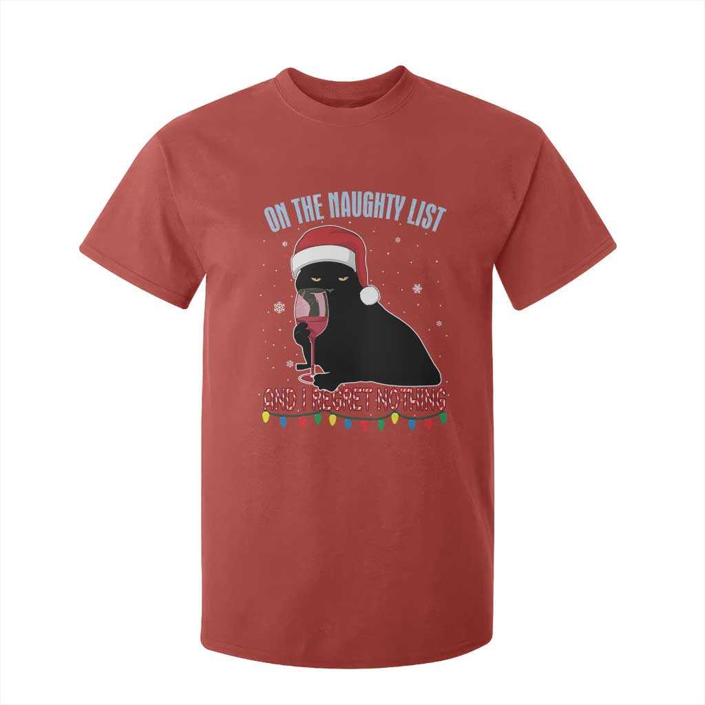 Funny Christmas Black Cat T Shirt For Kid On The Naughty List And I Regret Nothing Candy Cane TS11 Red Print Your Wear