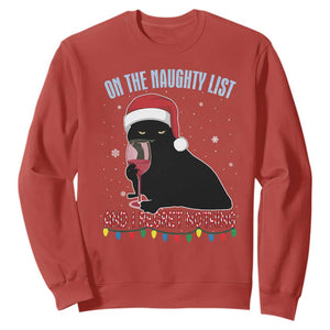 Funny Christmas Black Cat Sweatshirt On The Naughty List And I Regret Nothing Candy Cane TS11 Red Print Your Wear