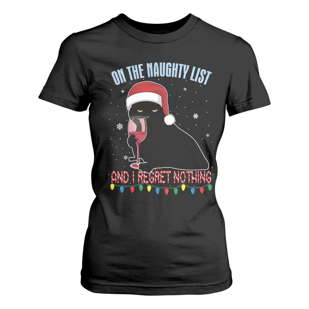 Funny Christmas Black Cat T Shirt For Women On The Naughty List And I Regret Nothing Candy Cane TS11 Black Print Your Wear