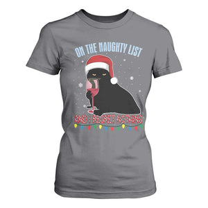 Funny Christmas Black Cat T Shirt For Women On The Naughty List And I Regret Nothing Candy Cane TS11 Charcoal Print Your Wear