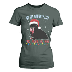 Funny Christmas Black Cat T Shirt For Women On The Naughty List And I Regret Nothing Candy Cane TS11 Dark Forest Green Print Your Wear
