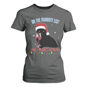 Funny Christmas Black Cat T Shirt For Women On The Naughty List And I Regret Nothing Candy Cane TS11 Dark Heather Print Your Wear