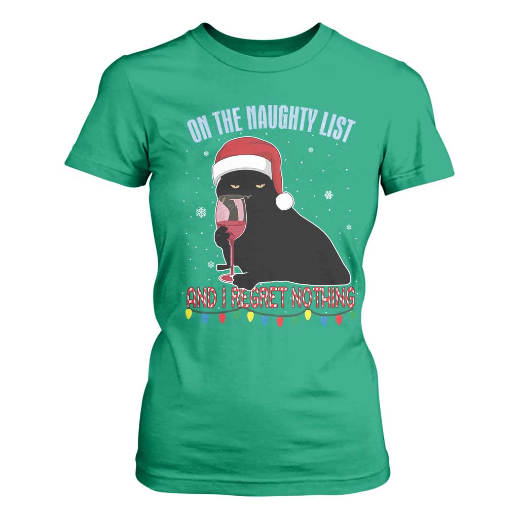 Funny Christmas Black Cat T Shirt For Women On The Naughty List And I Regret Nothing Candy Cane TS11 Irish Green Print Your Wear