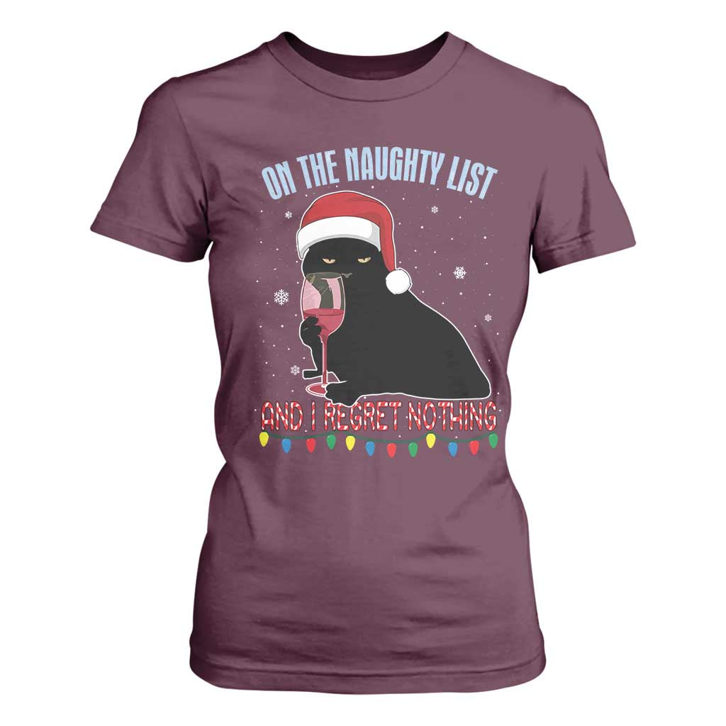 Funny Christmas Black Cat T Shirt For Women On The Naughty List And I Regret Nothing Candy Cane TS11 Maroon Print Your Wear