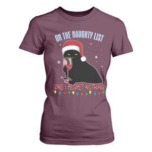 Funny Christmas Black Cat T Shirt For Women On The Naughty List And I Regret Nothing Candy Cane TS11 Maroon Print Your Wear