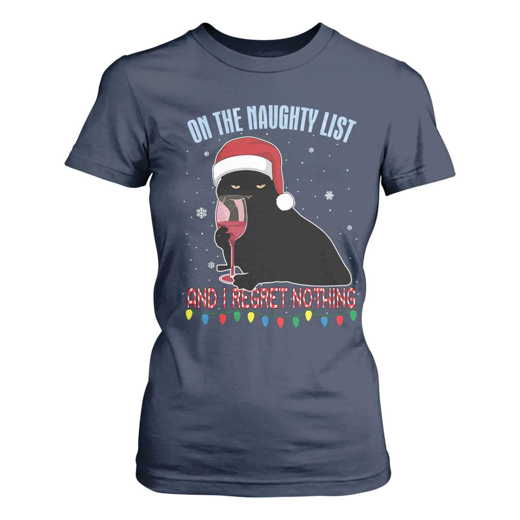 Funny Christmas Black Cat T Shirt For Women On The Naughty List And I Regret Nothing Candy Cane TS11 Navy Print Your Wear