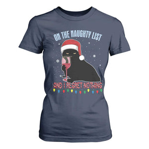 Funny Christmas Black Cat T Shirt For Women On The Naughty List And I Regret Nothing Candy Cane TS11 Navy Print Your Wear