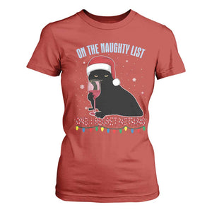 Funny Christmas Black Cat T Shirt For Women On The Naughty List And I Regret Nothing Candy Cane TS11 Red Print Your Wear