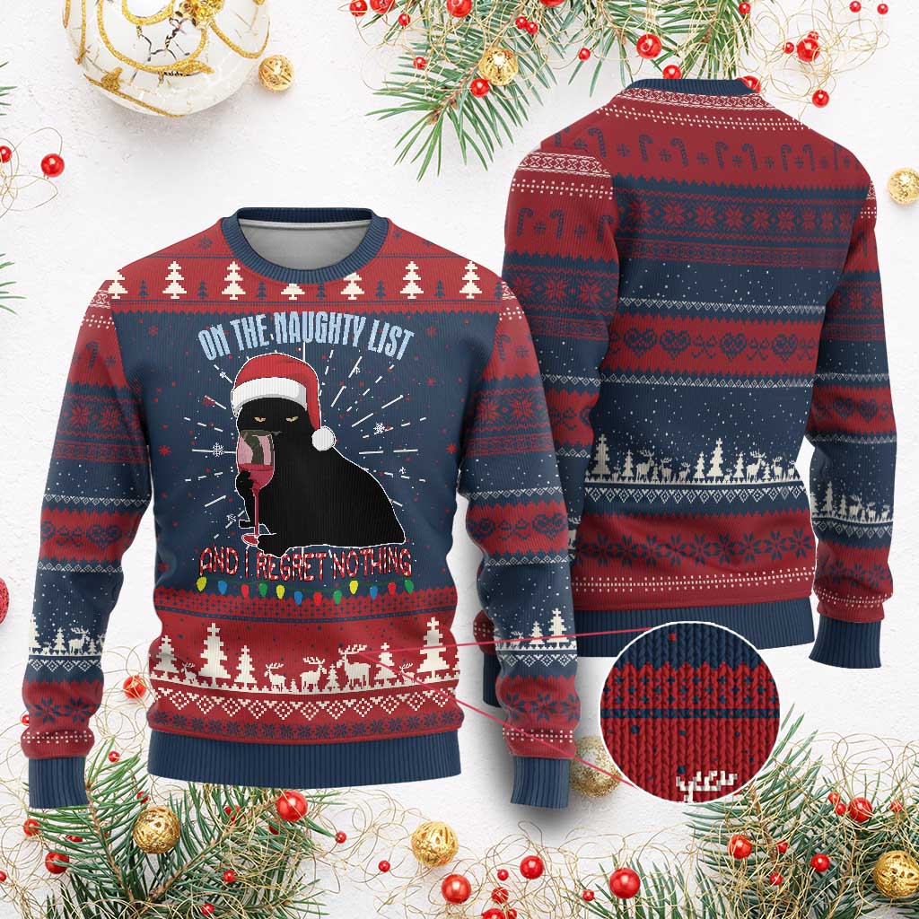 Funny Xmas Black Cat Ugly Christmas Sweater On The Naughty List And I Regret Nothing Candy Cane TS11 Burgundy Print Your Wear