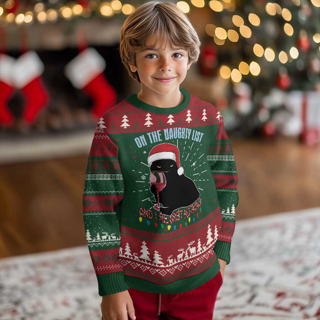 Funny Xmas Black Cat Ugly Christmas Sweater On The Naughty List And I Regret Nothing Candy Cane TS11 Christmas Print Your Wear