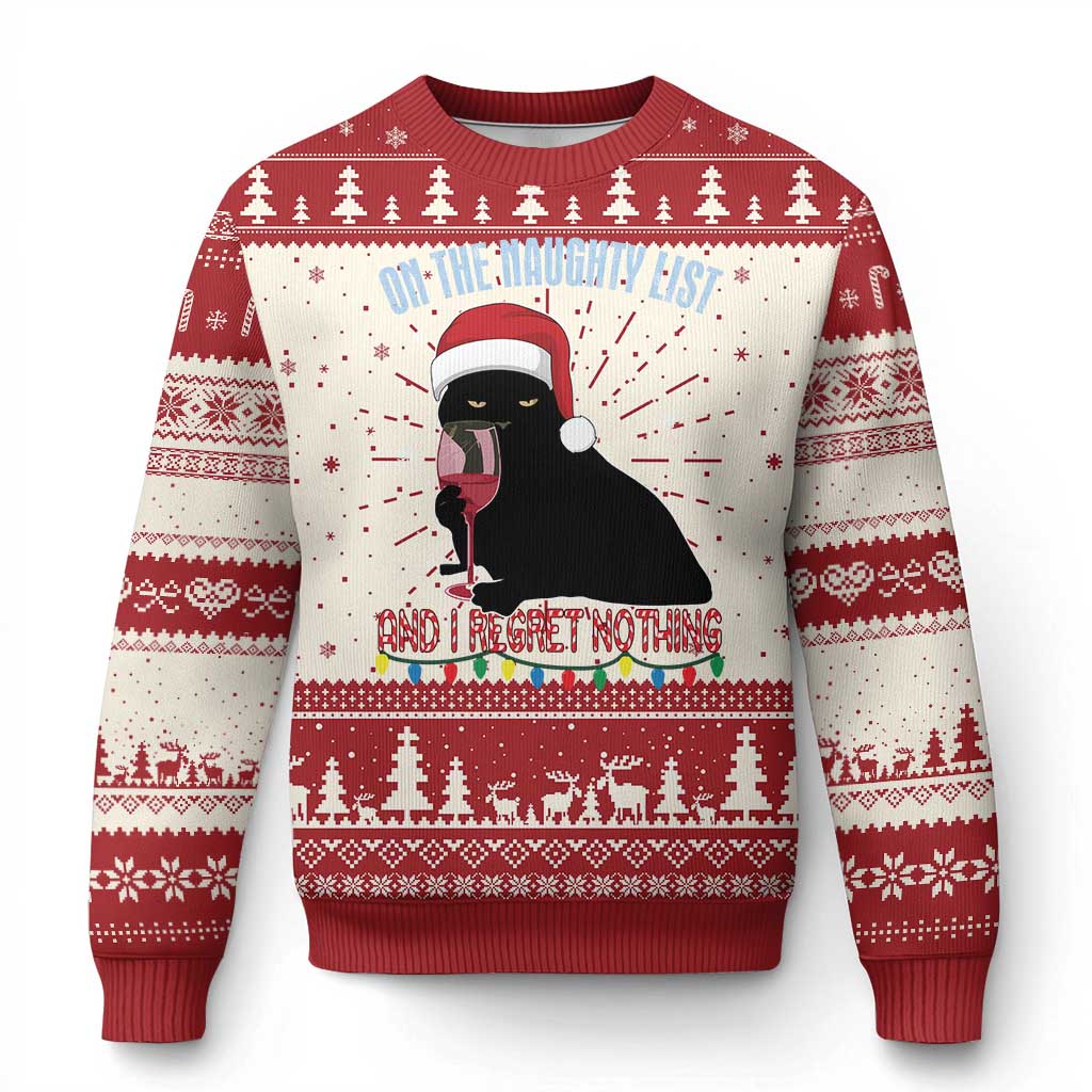 Funny Xmas Black Cat Ugly Christmas Sweater On The Naughty List And I Regret Nothing Candy Cane TS11 Red Print Your Wear