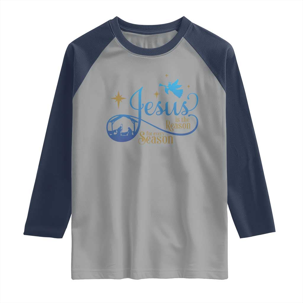 Jesus Is The Reason For The Season Raglan Shirt Nativity Scene TS11 Sport Gray Navy Print Your Wear