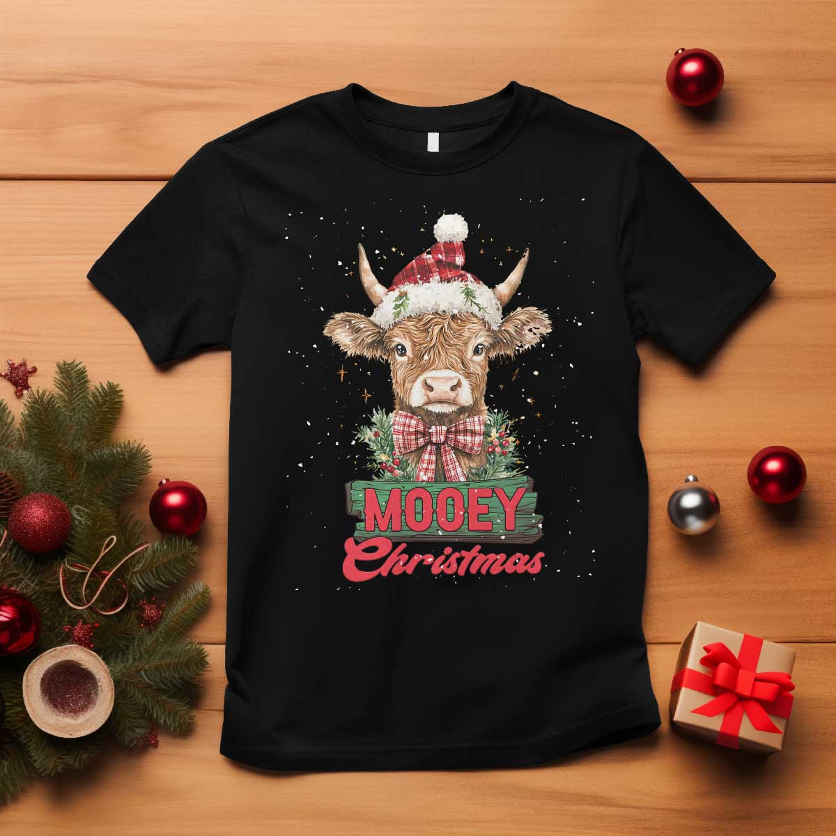Funny Christmas Highland Cow T Shirt Mooey Christmas Western Cow Santa Hat TS11 Black Print Your Wear