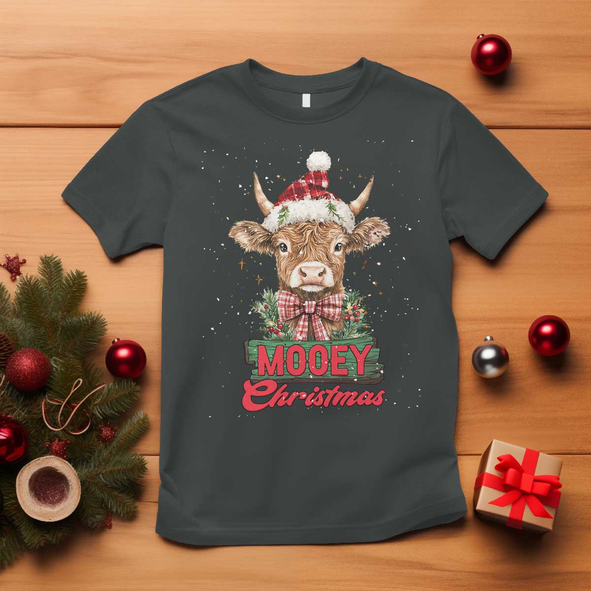Funny Christmas Highland Cow T Shirt Mooey Christmas Western Cow Santa Hat TS11 Dark Heather Print Your Wear