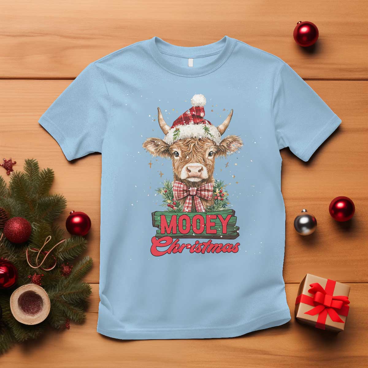 Funny Christmas Highland Cow T Shirt Mooey Christmas Western Cow Santa Hat TS11 Light Blue Print Your Wear