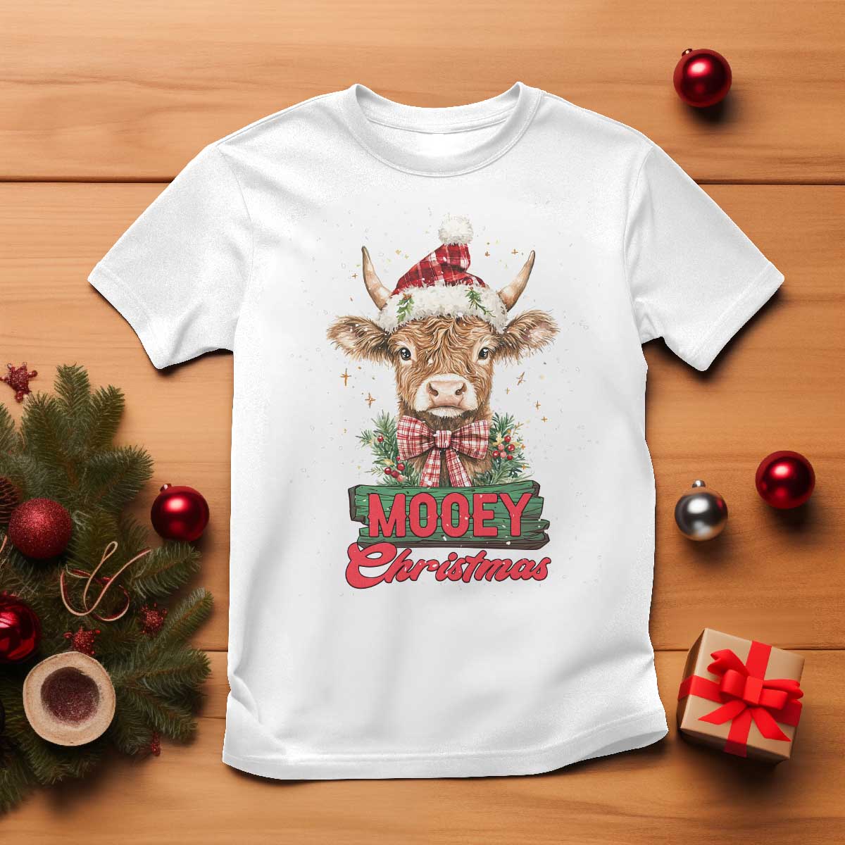 Funny Christmas Highland Cow T Shirt Mooey Christmas Western Cow Santa Hat TS11 White Print Your Wear