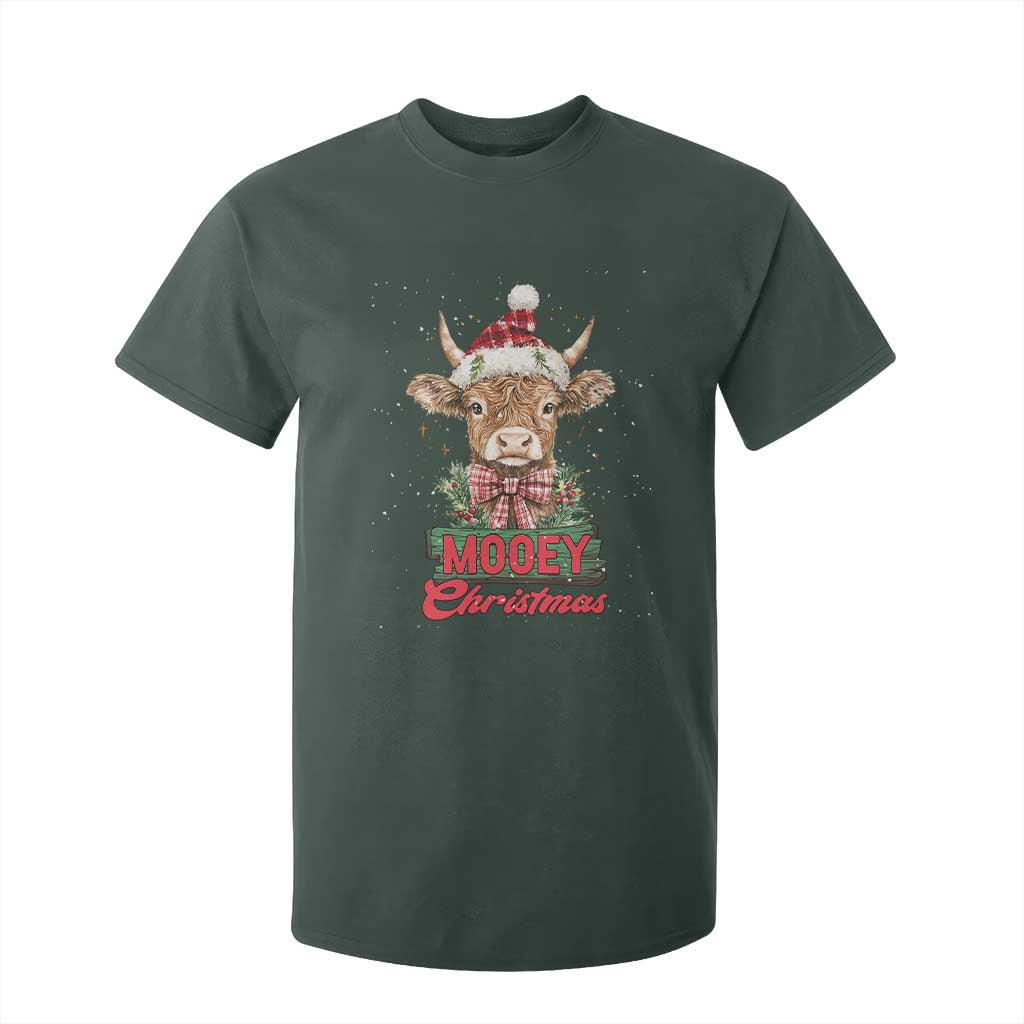 Funny Christmas Highland Cow T Shirt For Kid Mooey Christmas Western Cow Santa Hat TS11 Dark Forest Green Print Your Wear