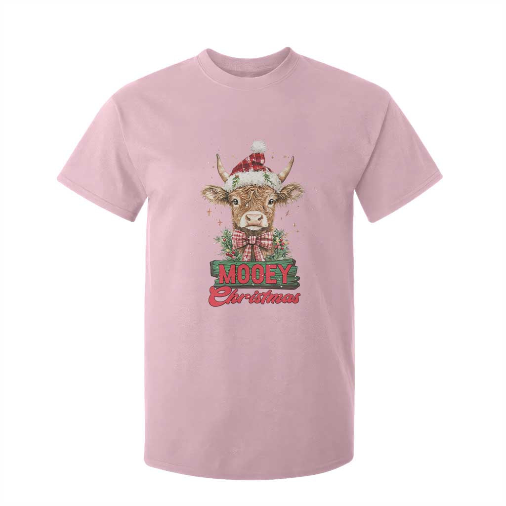 Funny Christmas Highland Cow T Shirt For Kid Mooey Christmas Western Cow Santa Hat TS11 Light Pink Print Your Wear
