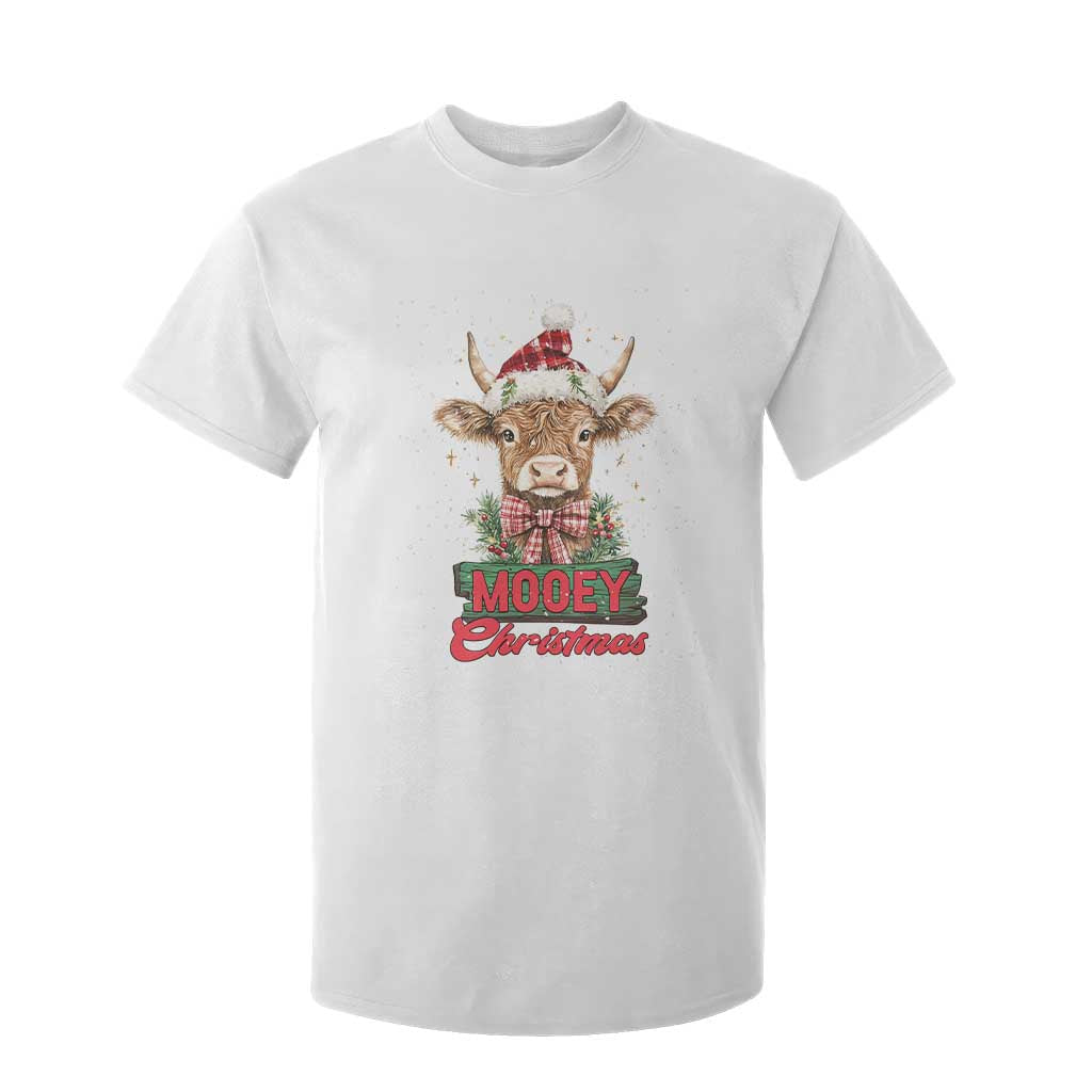 Funny Christmas Highland Cow T Shirt For Kid Mooey Christmas Western Cow Santa Hat TS11 White Print Your Wear