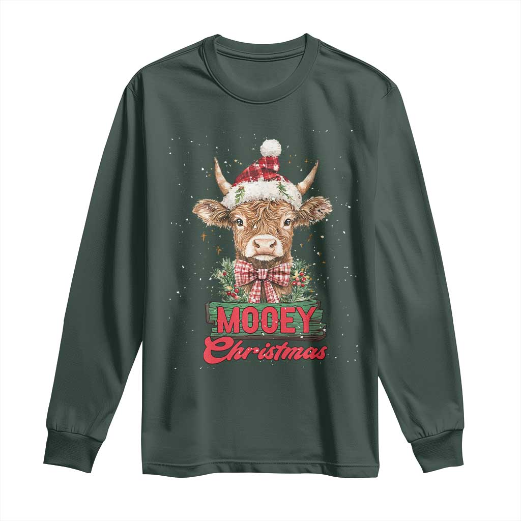 Funny Christmas Highland Cow Long Sleeve Shirt Mooey Christmas Western Cow Santa Hat TS11 Dark Forest Green Print Your Wear