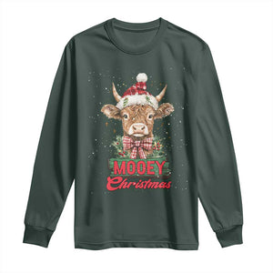 Funny Christmas Highland Cow Long Sleeve Shirt Mooey Christmas Western Cow Santa Hat TS11 Dark Forest Green Print Your Wear