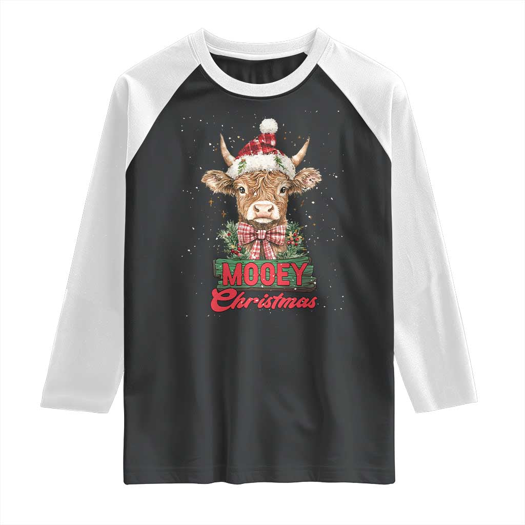 Funny Christmas Highland Cow Raglan Shirt Mooey Christmas Western Cow Santa Hat TS11 Black White Print Your Wear