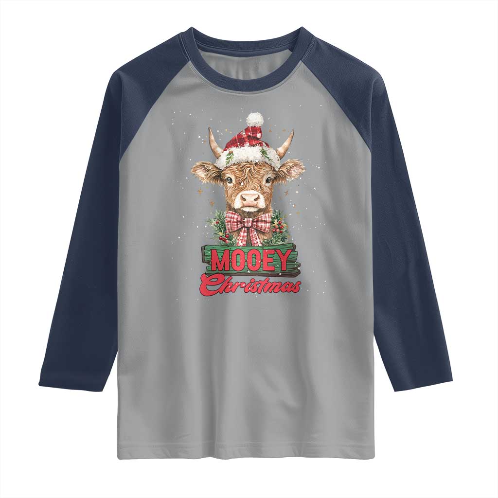 Funny Christmas Highland Cow Raglan Shirt Mooey Christmas Western Cow Santa Hat TS11 Sport Gray Navy Print Your Wear