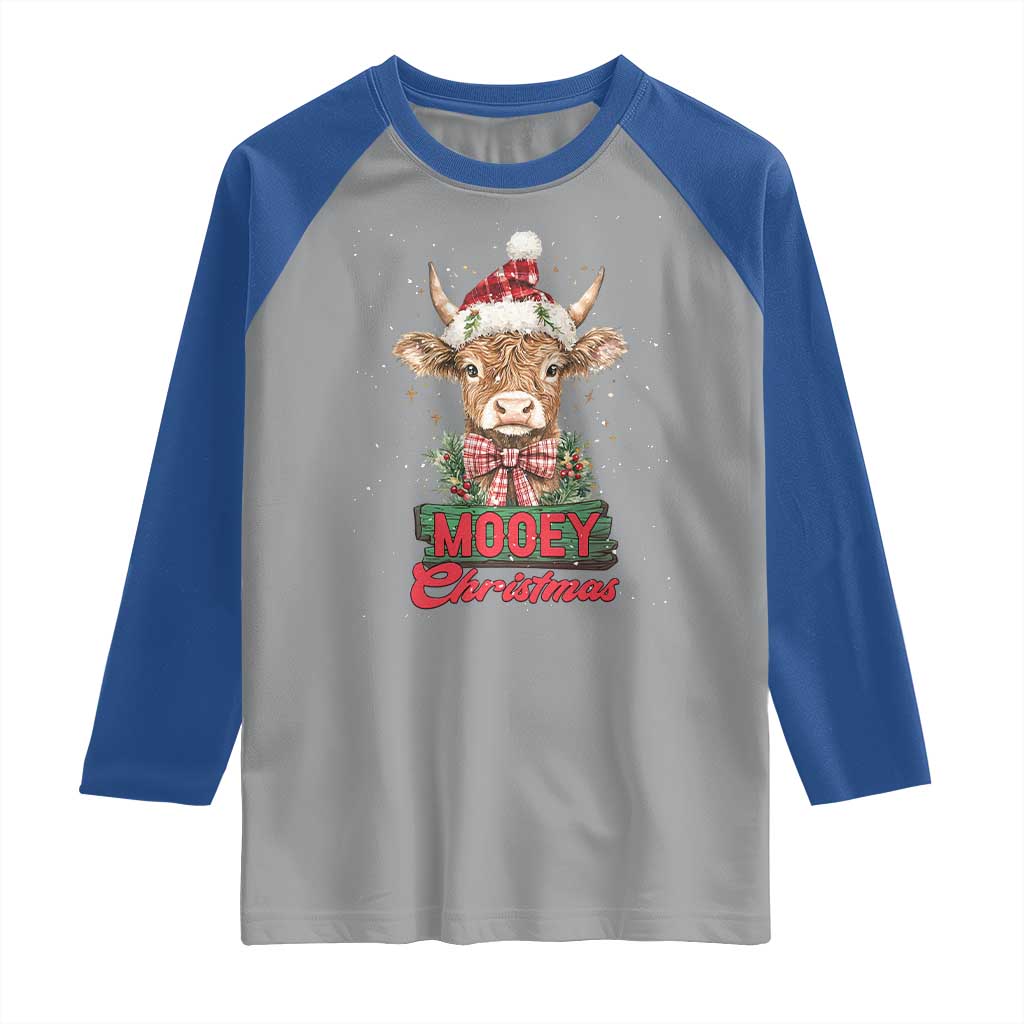 Funny Christmas Highland Cow Raglan Shirt Mooey Christmas Western Cow Santa Hat TS11 Sport Gray Royal Print Your Wear