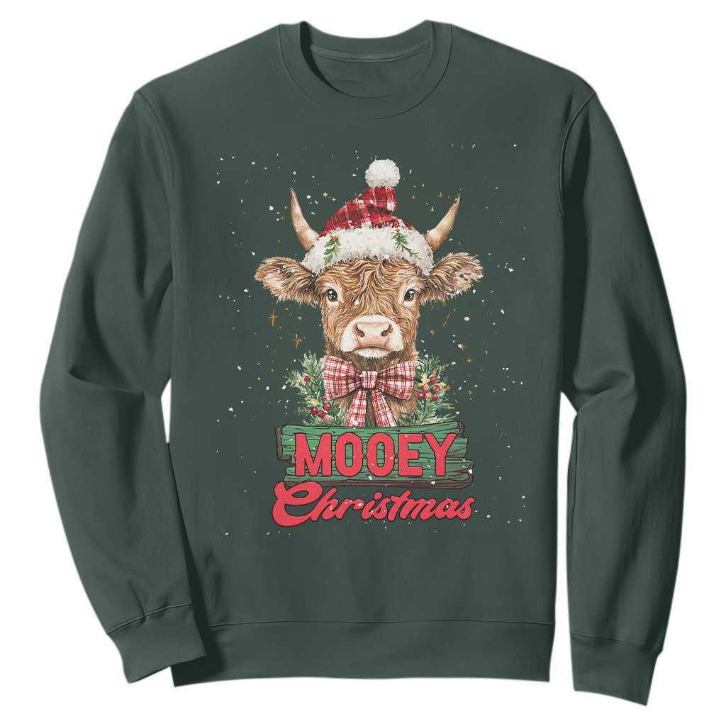 Funny Christmas Highland Cow Sweatshirt Mooey Christmas Western Cow Santa Hat TS11 Dark Forest Green Print Your Wear