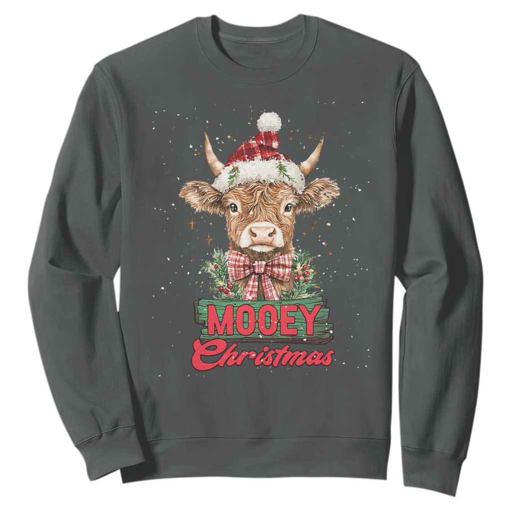 Funny Christmas Highland Cow Sweatshirt Mooey Christmas Western Cow Santa Hat TS11 Dark Heather Print Your Wear