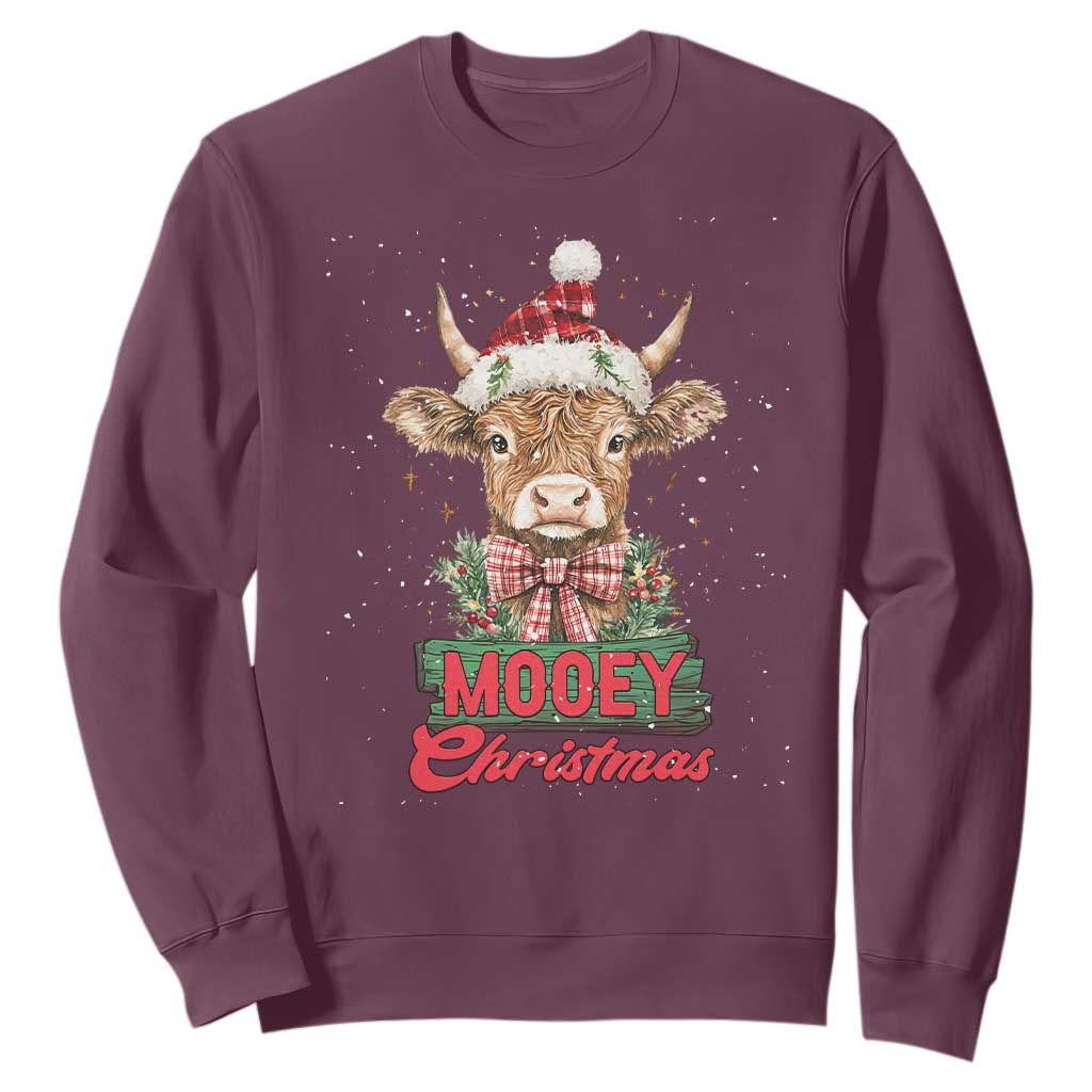 Funny Christmas Highland Cow Sweatshirt Mooey Christmas Western Cow Santa Hat TS11 Maroon Print Your Wear