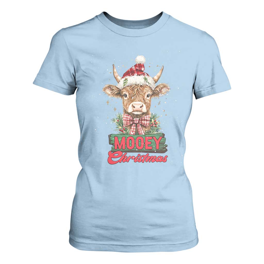 Funny Christmas Highland Cow T Shirt For Women Mooey Christmas Western Cow Santa Hat TS11 Light Blue Print Your Wear