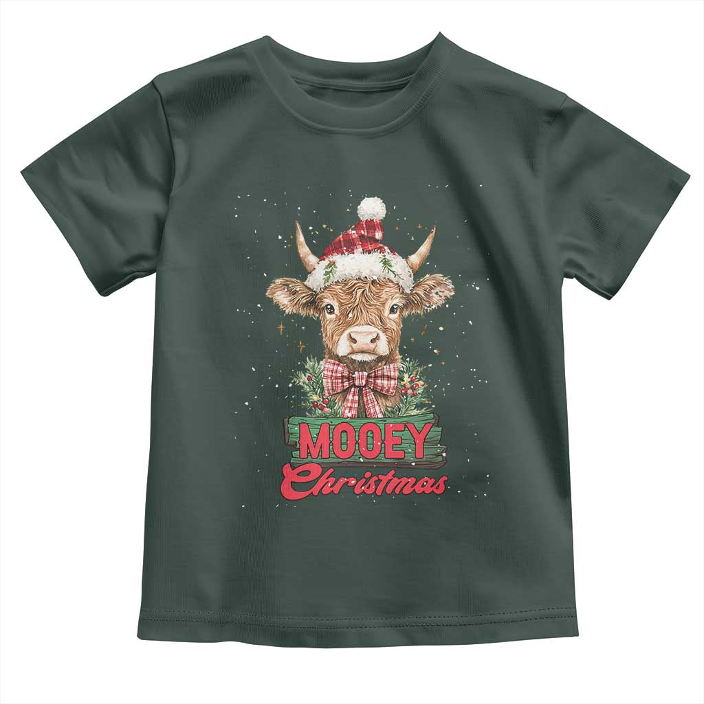 Funny Christmas Highland Cow Toddler T Shirt Mooey Christmas Western Cow Santa Hat TS11 Dark Forest Green Print Your Wear