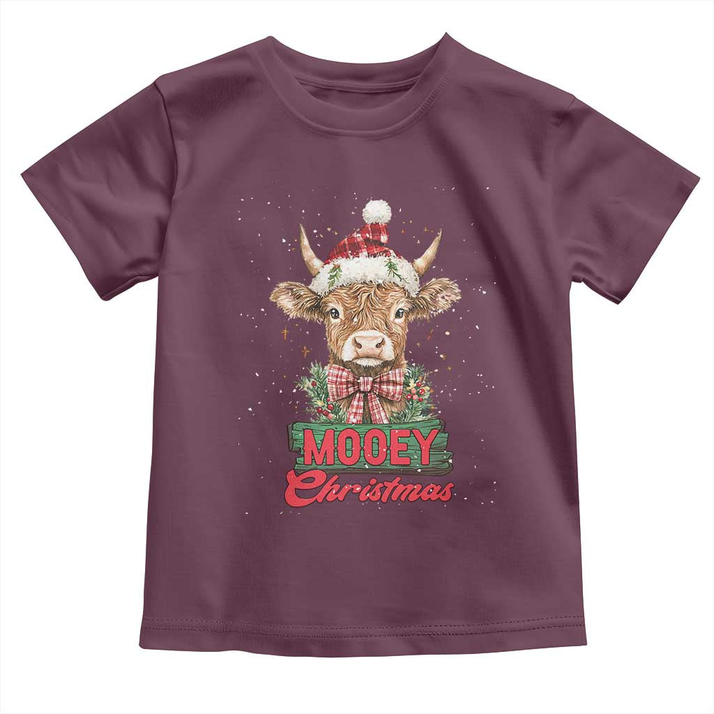 Funny Christmas Highland Cow Toddler T Shirt Mooey Christmas Western Cow Santa Hat TS11 Maroon Print Your Wear