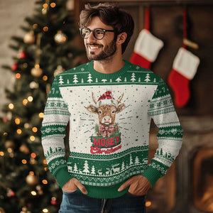 Funny Xmas Highland Cow Ugly Christmas Sweater Mooey Xmas Western Cow Santa Hat TS11 Green Print Your Wear