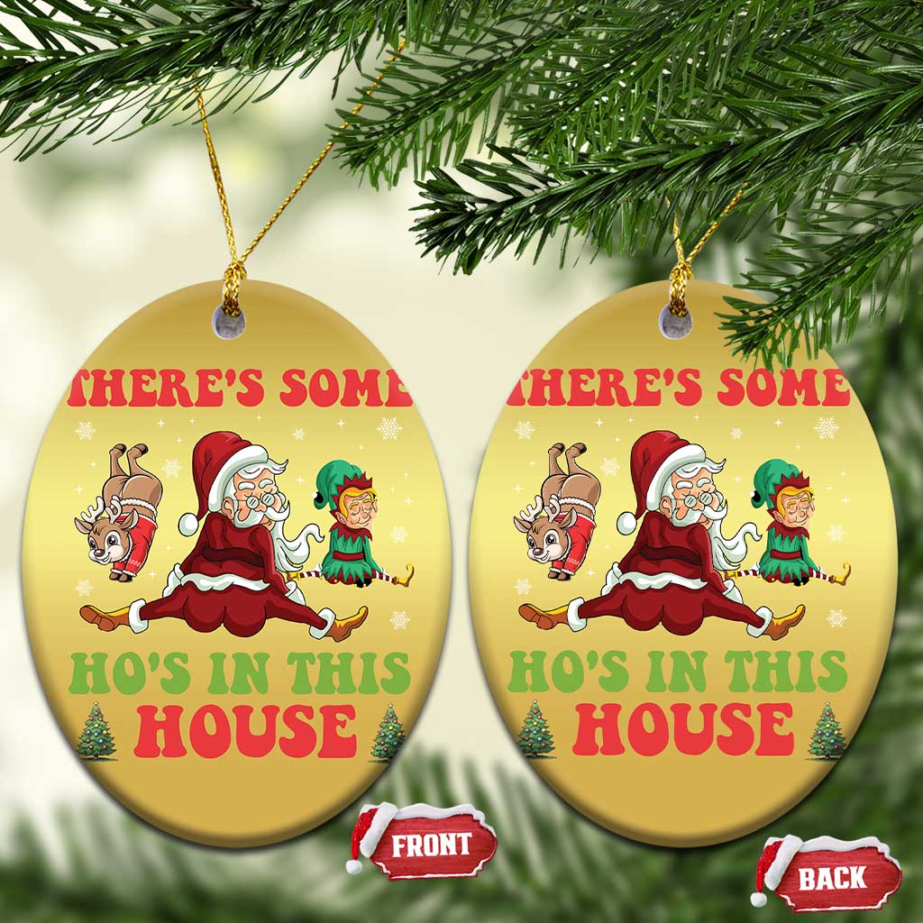 Funny Xmas Naughty Santa Christmas Ornament There's Some Ho's In This House Elf Reindeers TS11 Oval Gold Print Your Wear