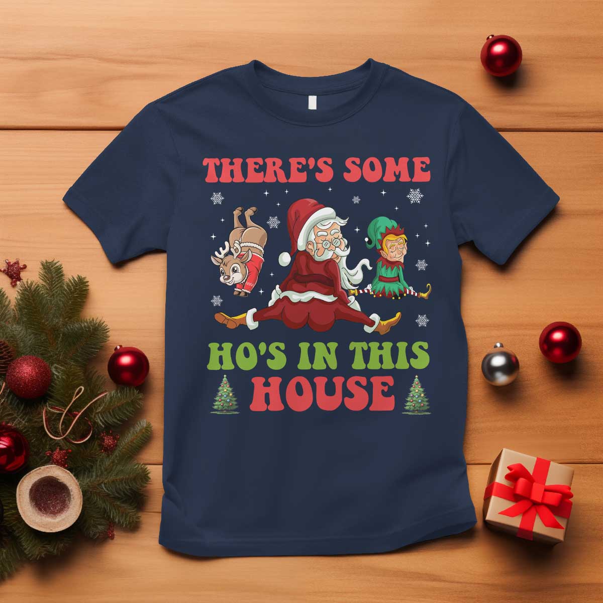 Funny Christmas Naughty Santa T Shirt There's Some Ho's In This House Elf Reindeers TS11 Navy Print Your Wear