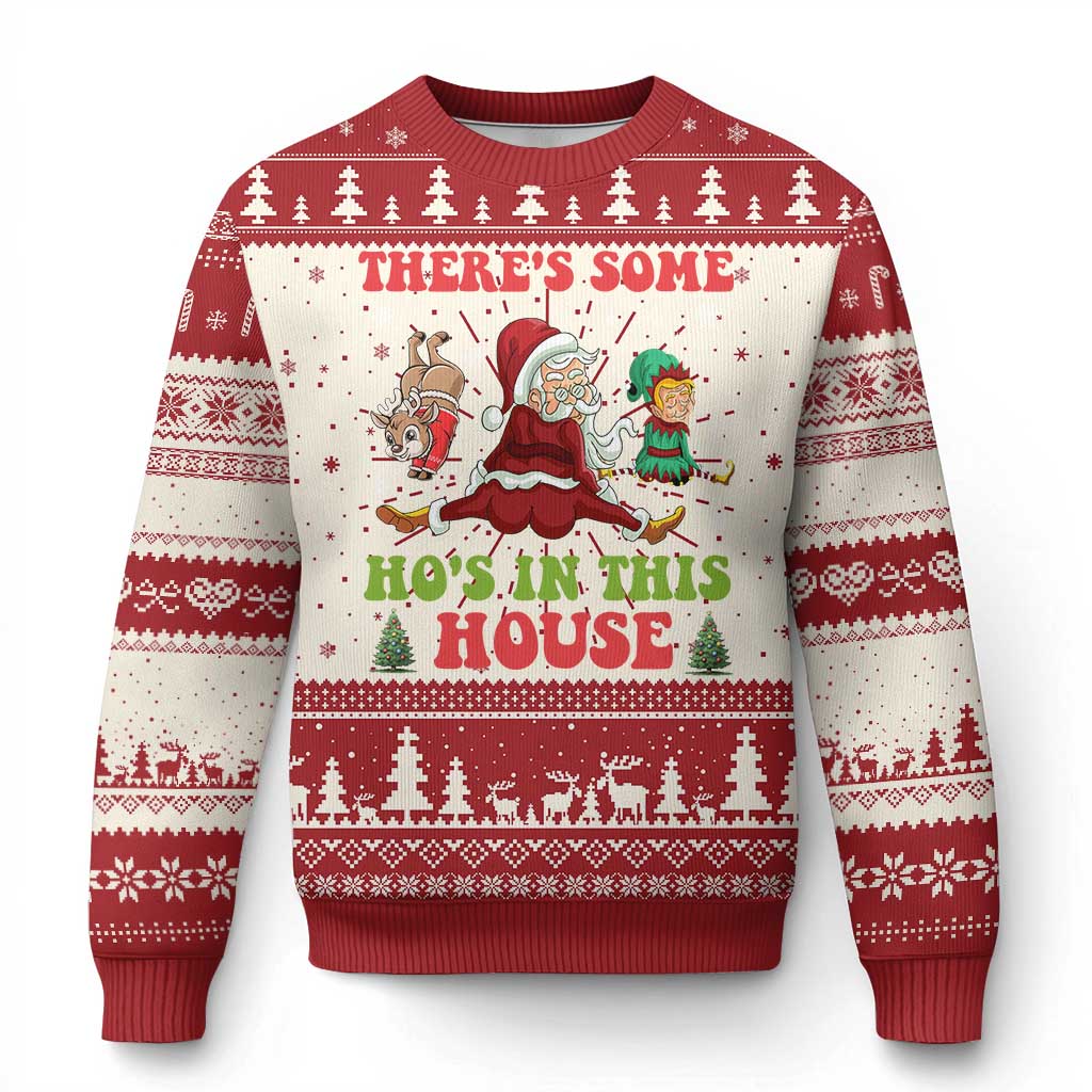 Funny Xmas Naughty Santa Ugly Christmas Sweater There's Some Ho's In This House Elf Reindeers TS11 Red Print Your Wear