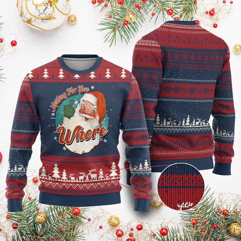 Funny Xmas Retro Santa Ugly Christmas Sweater Nothing For You Whore Middle Finger TS11 Burgundy Print Your Wear