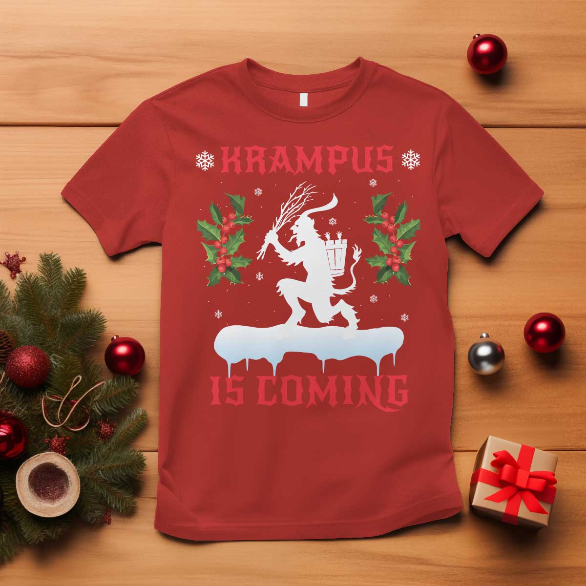 Funny Christmas Yule Krampus Is Coming Mistletoe T Shirt TS11 Red Print Your Wear