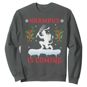 Funny Christmas Yule Krampus Is Coming Mistletoe Sweatshirt TS11 Dark Heather Print Your Wear
